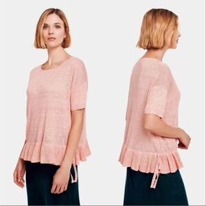 White + Warren 100% Linen Drawcord Peplum Ruffle Tee Pink Size large salmon pink